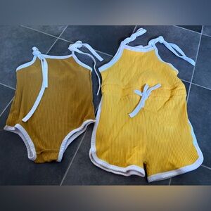 Yellow and mustadrd Baby Rompers with White Trim